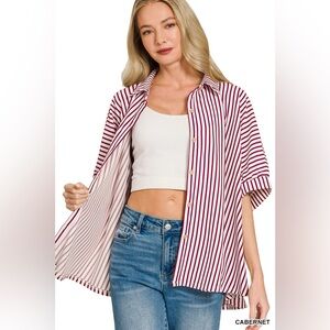 Zenana Oversized Stripe Button Down Shirt